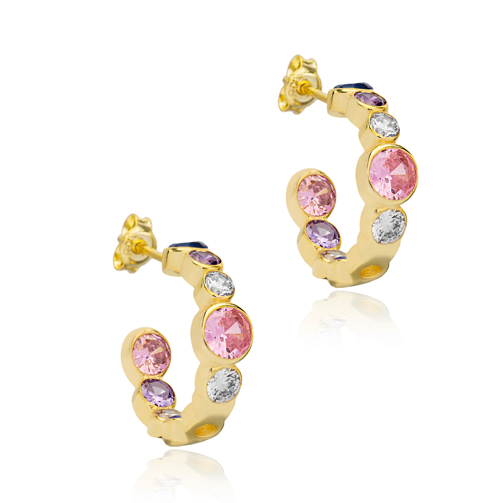 Multicolor Stone Dainty Hoop Stud Earrings Trendy Wholesale 925 Sterling Silver Jewelry