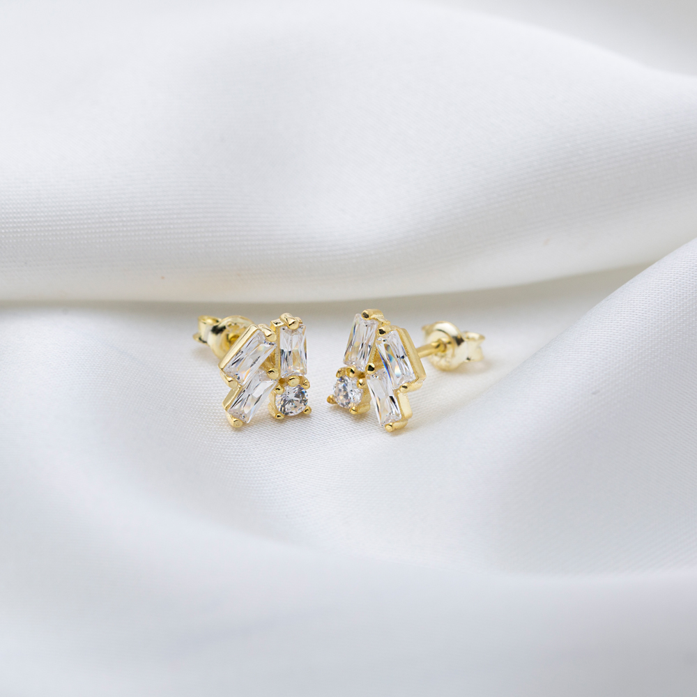 Minimalist Clear Zircon Stone Baguette Stud Earrings Handmade Turkish 925 Sterling Silver Jewelry