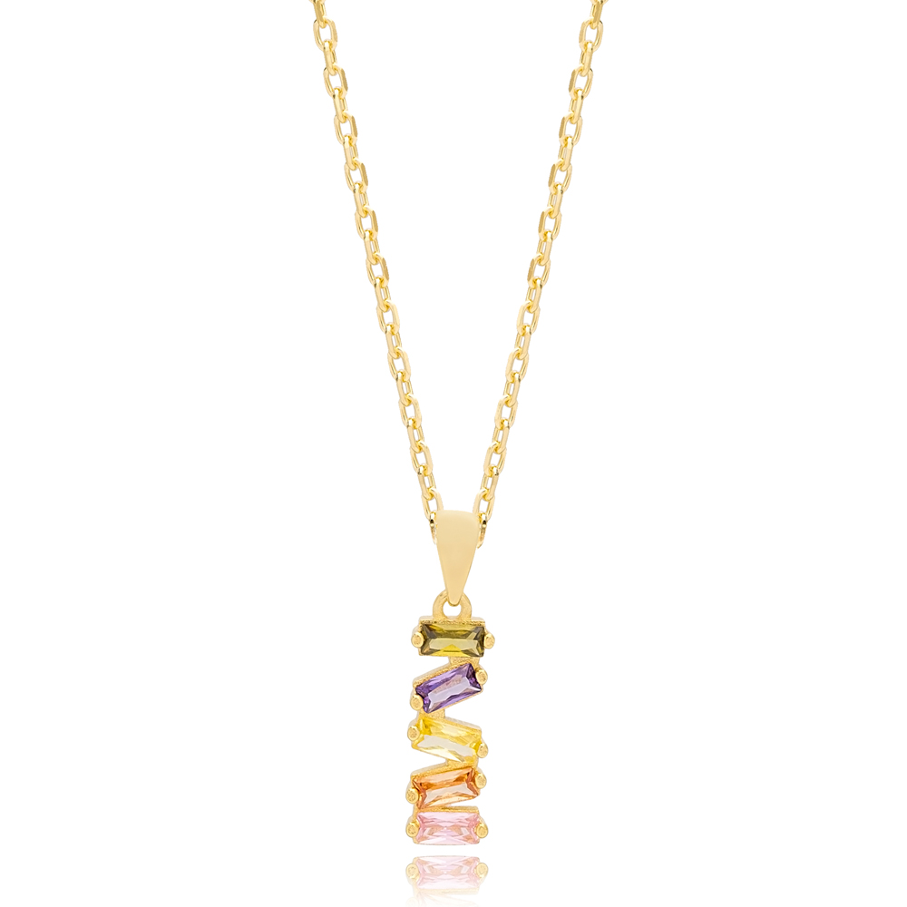 Dainty Multicolor Mix Stone Baguette Charm Pendant Necklace Handmade 925 Sterling Silver Jewelry