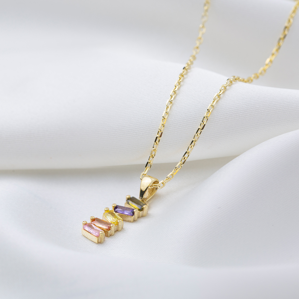 Dainty Multicolor Mix Stone Baguette Charm Pendant Necklace Handmade 925 Sterling Silver Jewelry