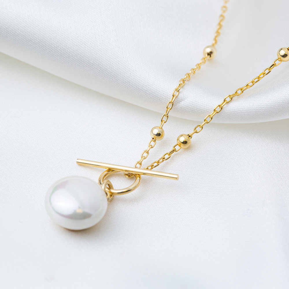 Pearl Charm Elegant Design Necklace Pendant Ball Chain Handmade Turkish 925 Sterling Silver