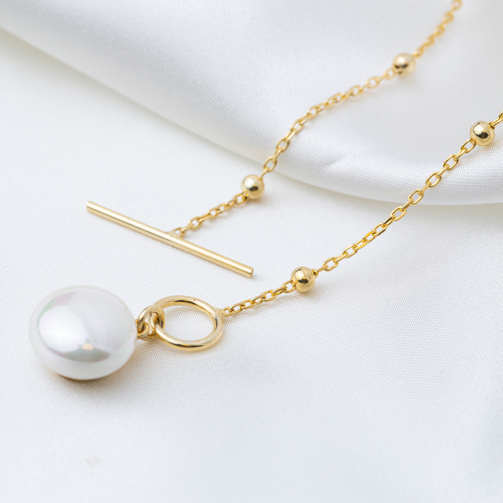 Pearl Charm Elegant Design Necklace Pendant Ball Chain Handmade Turkish 925 Sterling Silver