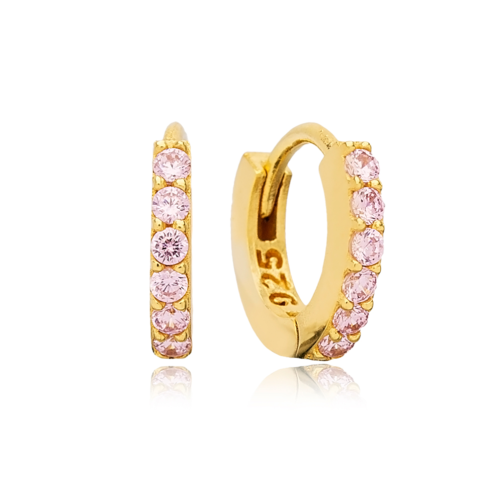 Pink Zircon Stone 11 mm Hoop Earrings Handcrafted Turkish Wholesale 925 Sterling Silver Jewelry