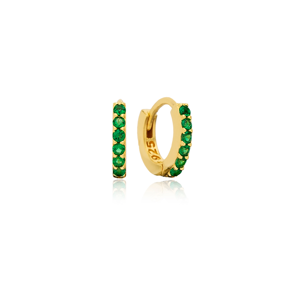 Emerald Stone 11 mm Hoop Earrings Handcrafted Turkish Wholesale 925 Sterling Silver Jewelry