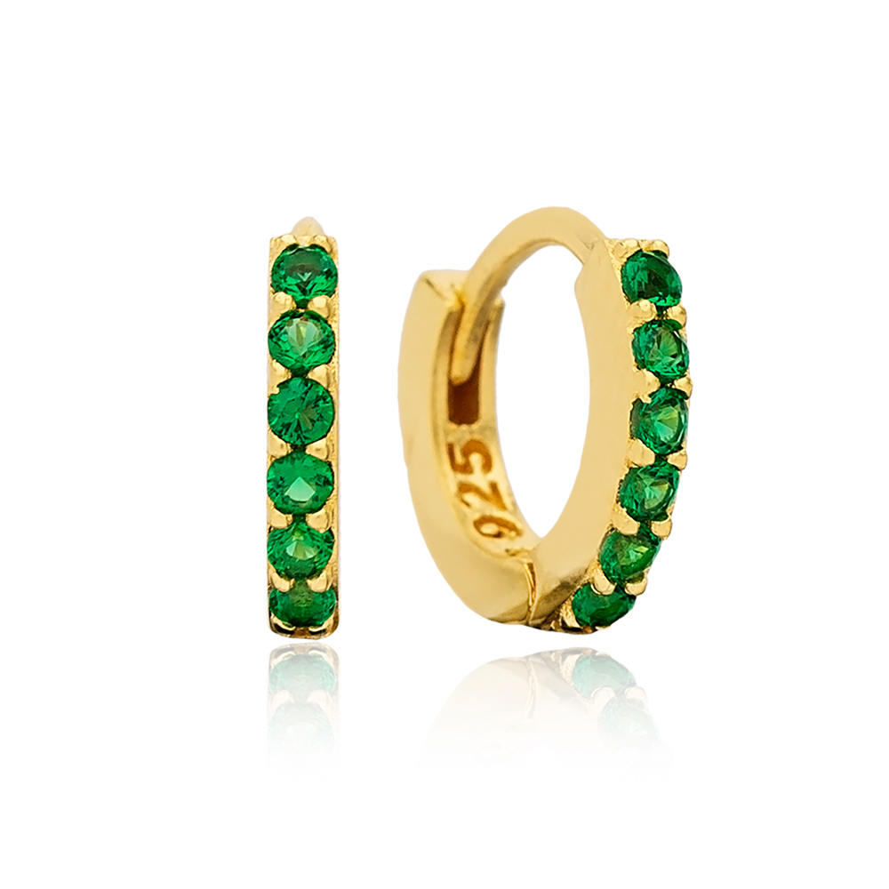 Emerald Stone 11 mm Hoop Earrings Handcrafted Turkish Wholesale 925 Sterling Silver Jewelry