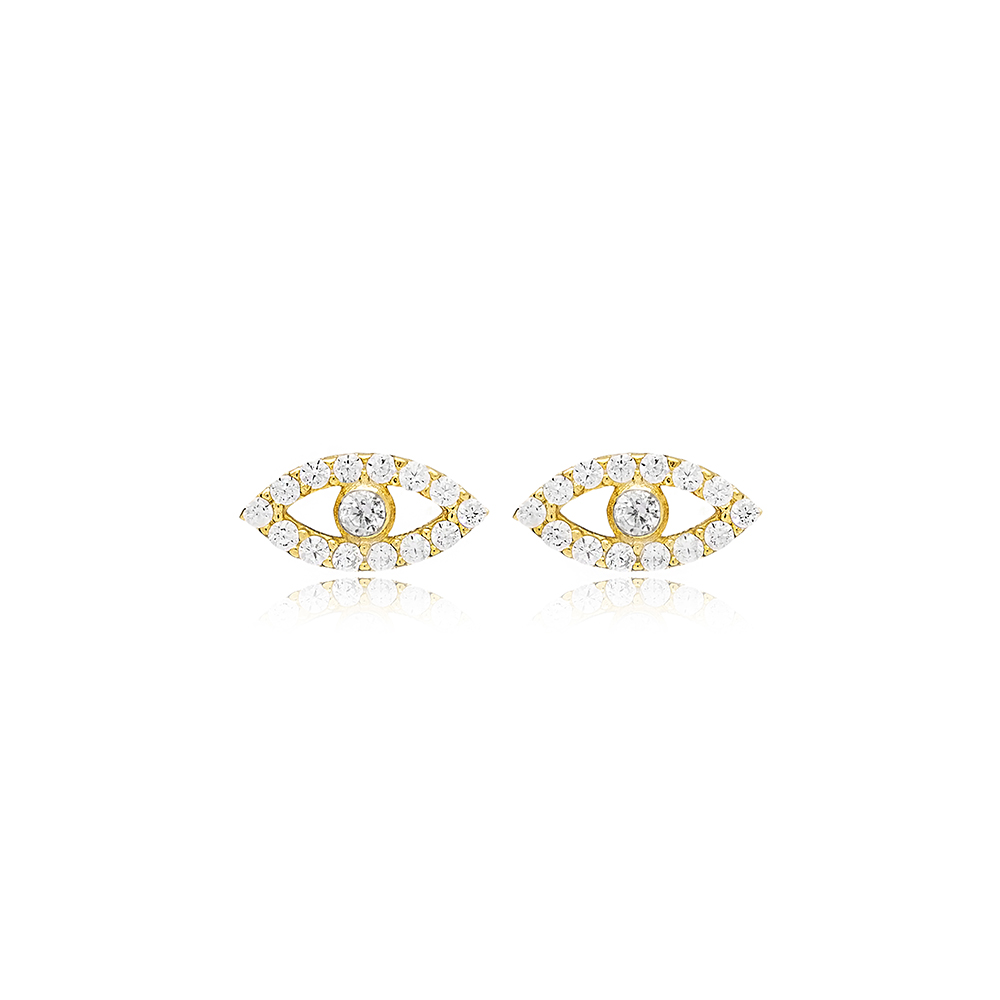 Popular Evil Eye Charm CZ Stone Stud Earrings Turkish Handmade 925 Sterling Silver Jewelry