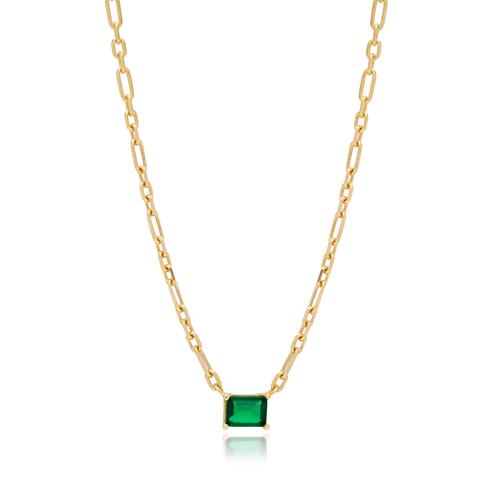 Square Shape Emerald Stone Minimalist Design Wholesale Handmade 925 Silver Sterling Necklace