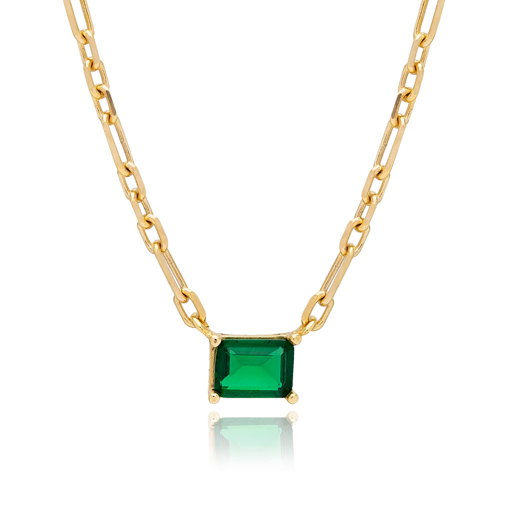 Square Shape Emerald Stone Minimalist Design Wholesale Handmade 925 Silver Sterling Necklace
