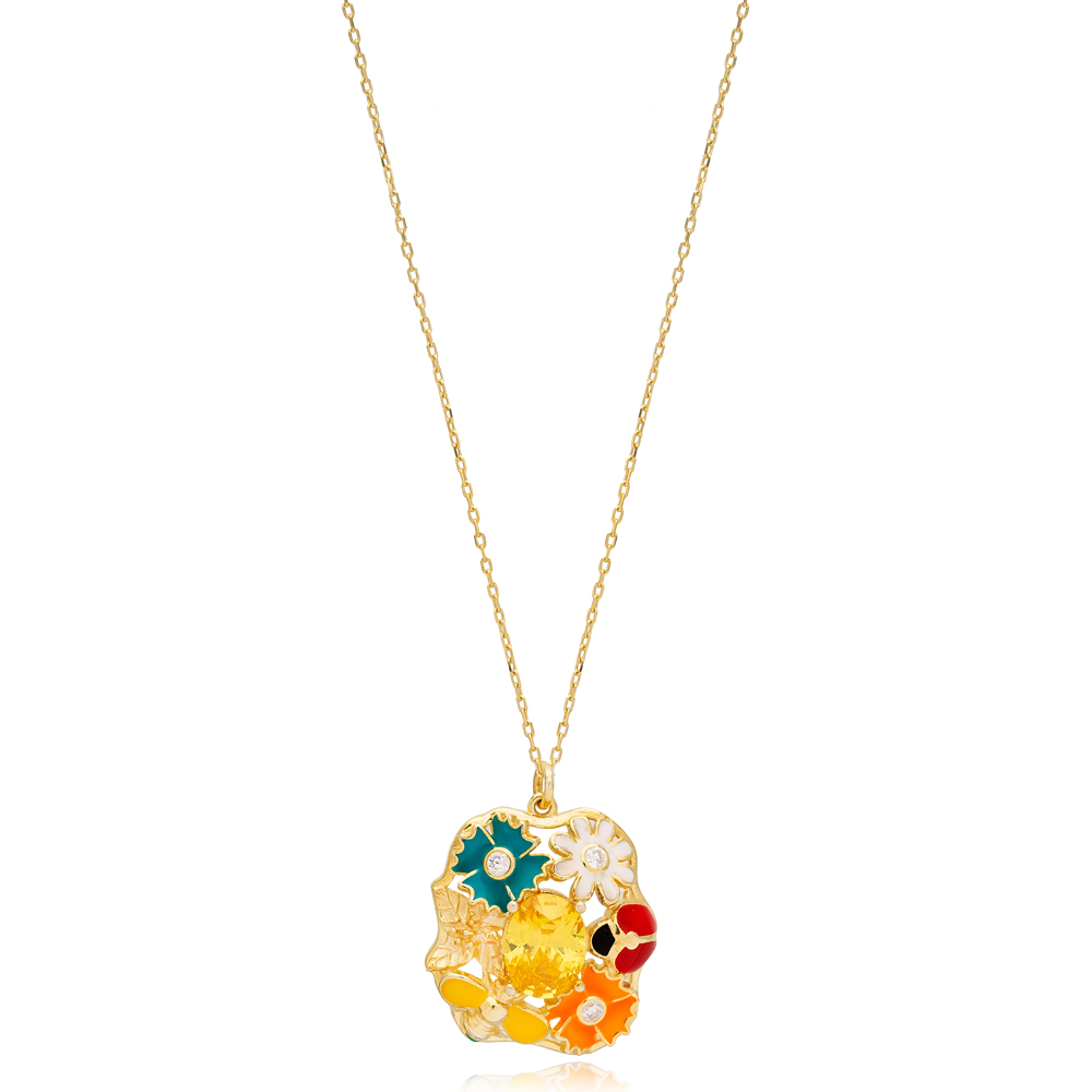 Multicolor Enamel Citrine Stone Flower Butterfly Ladybug Design Charm Pendant Necklace Wholesale Turkish 925 Sterling Silver Jewelry