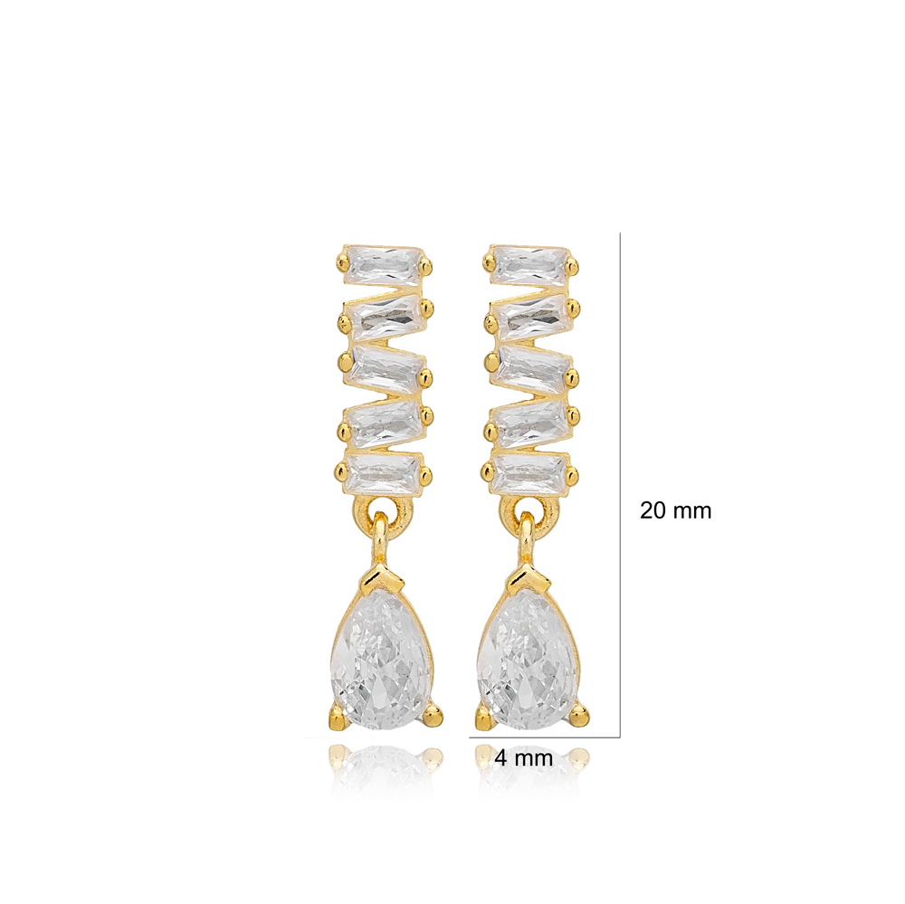 Shiny Baguette Stone Stud Earrings Turkish Wholesale 925 Sterling Silver Jewelry