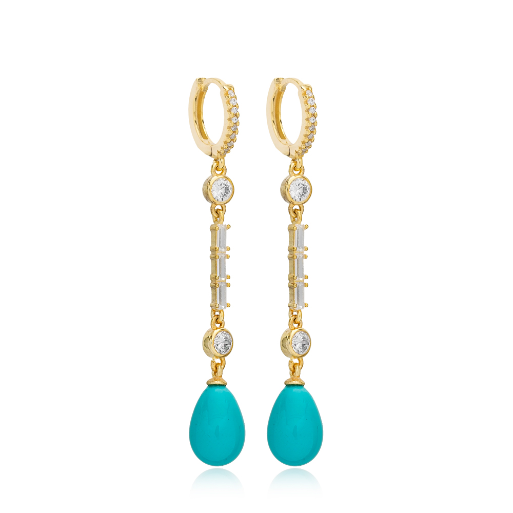 Turquoise Mallorca Pearl Drop Shape Charm Dangle Long Earrings Turkish Wholesale 925 Sterling Silver Jewelry