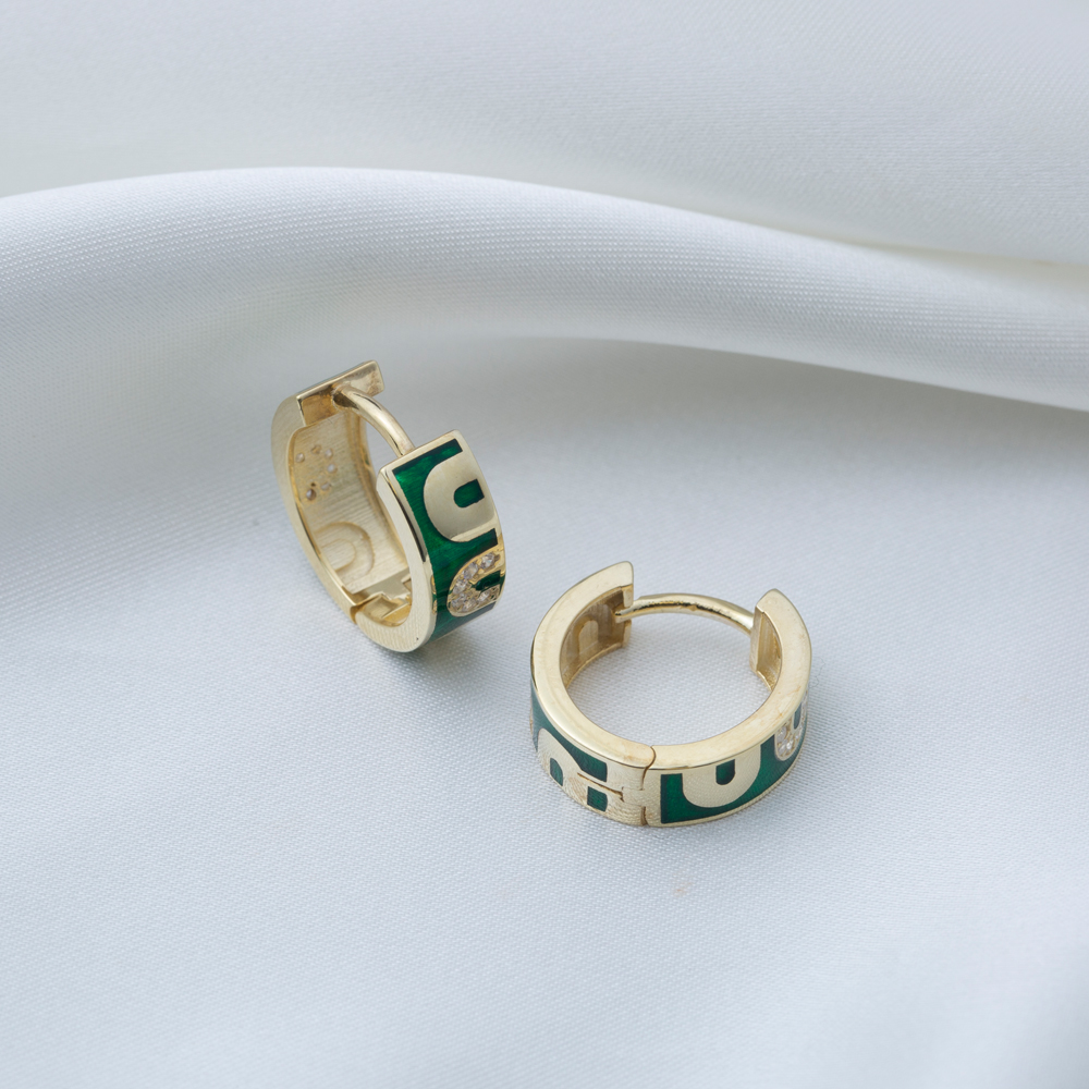 Dainty Green Enamel Zircon Stone Hoop Earrings Wholesale 925 Sterling Silver Handmade Jewelry