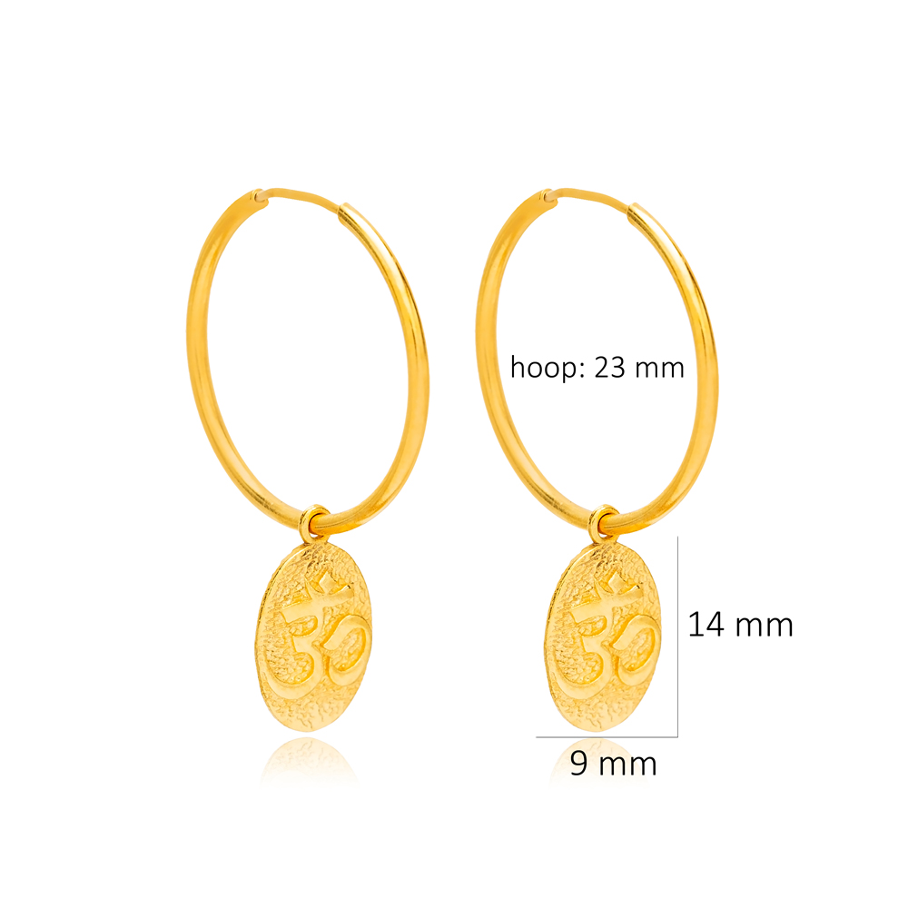 23 mm Hoop Earring Plain Charm Om Symbol 22K Gold Plated 925 Sterling Silver Jewelry