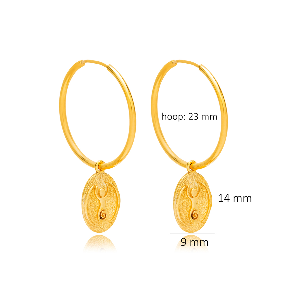 23 mm Hoop Earring Plain Charm Hands Up Symbol 22K Gold Plated 925 Sterling Silver Jewelry
