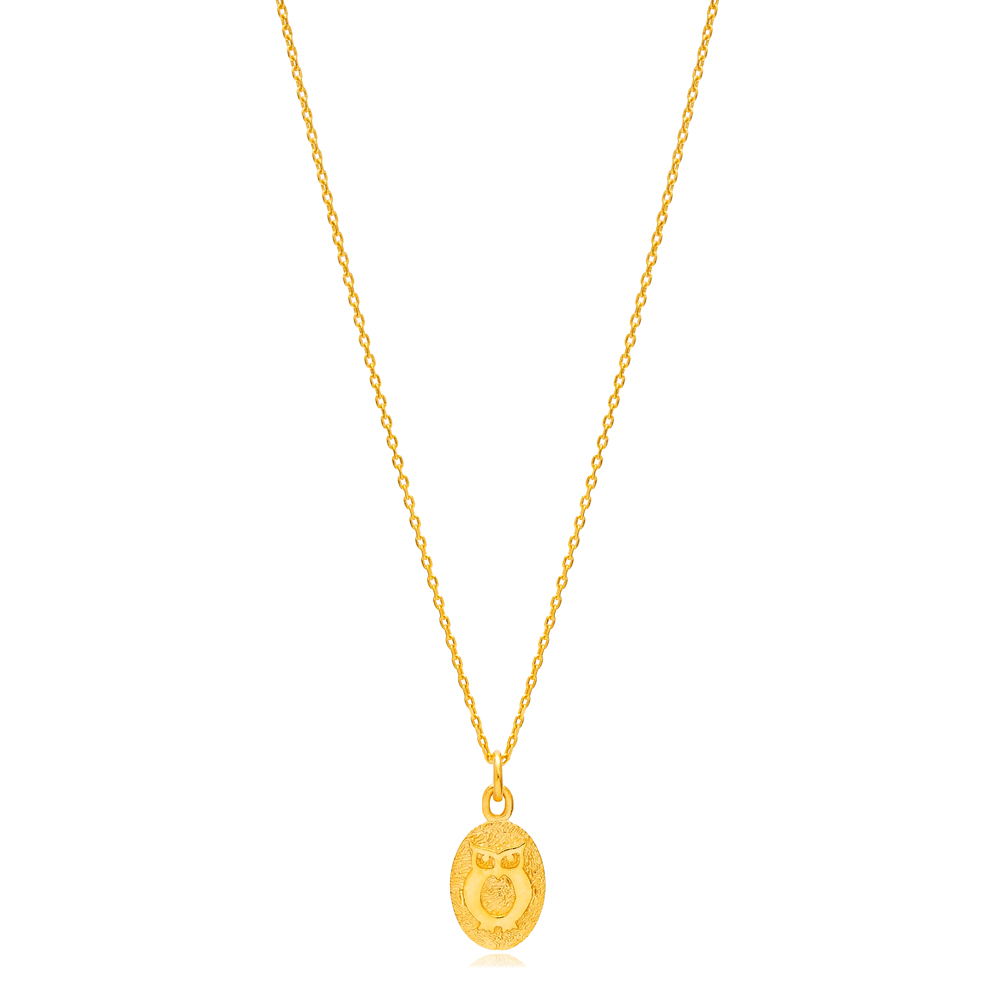 Owl Design 22K Gold Plated Oval Plain Charm Necklace Pendant 925 Sterling Silver Jewelry