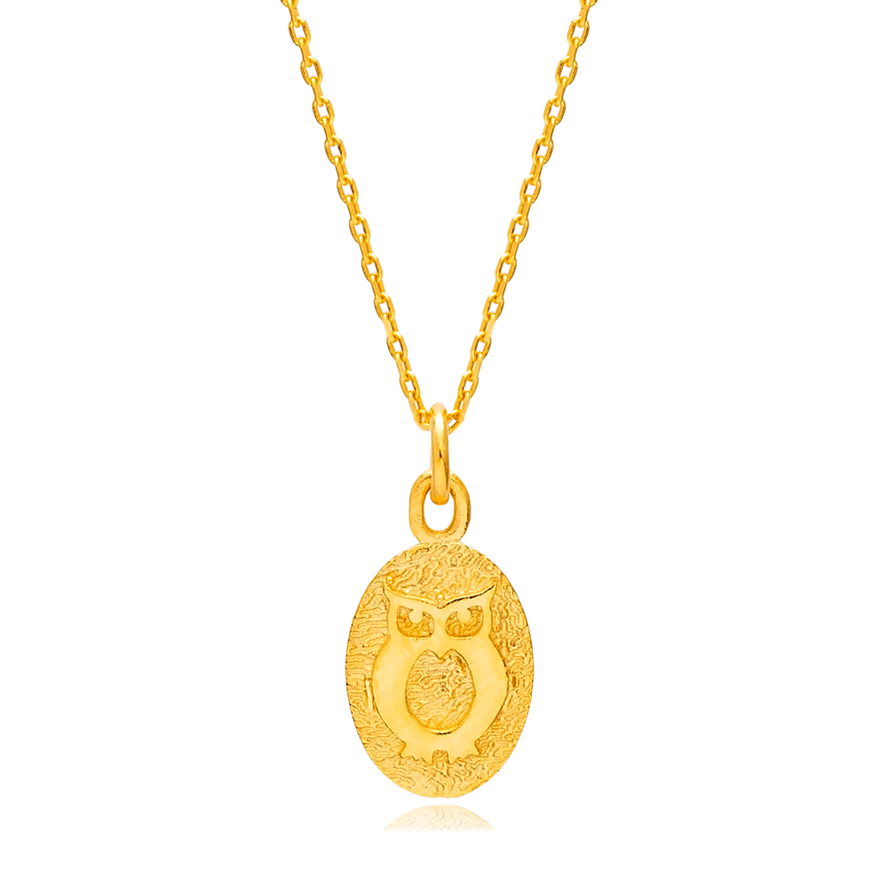 Owl Design 22K Gold Plated Oval Plain Charm Necklace Pendant 925 Sterling Silver Jewelry