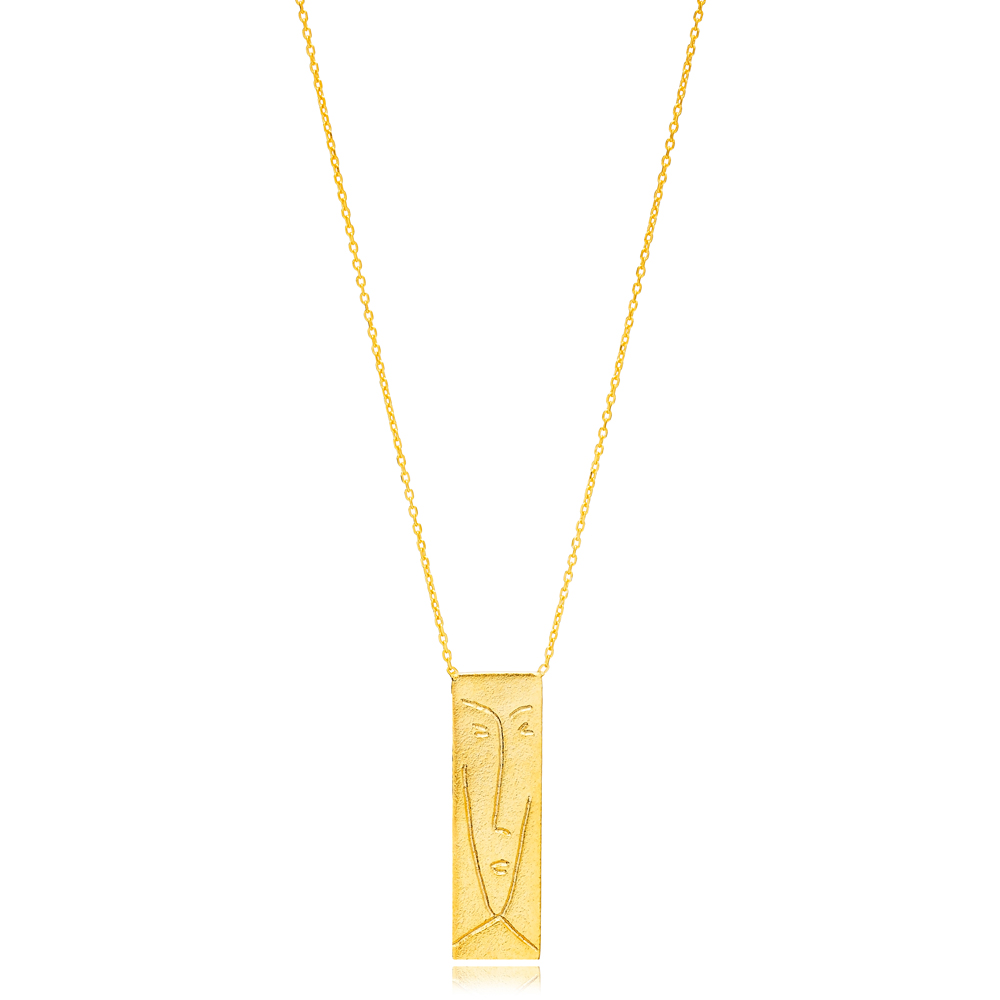 Unique Face Rectangle Design 22K Gold Plated Charm Necklace Pendant 925 Sterling Silver Jewelry