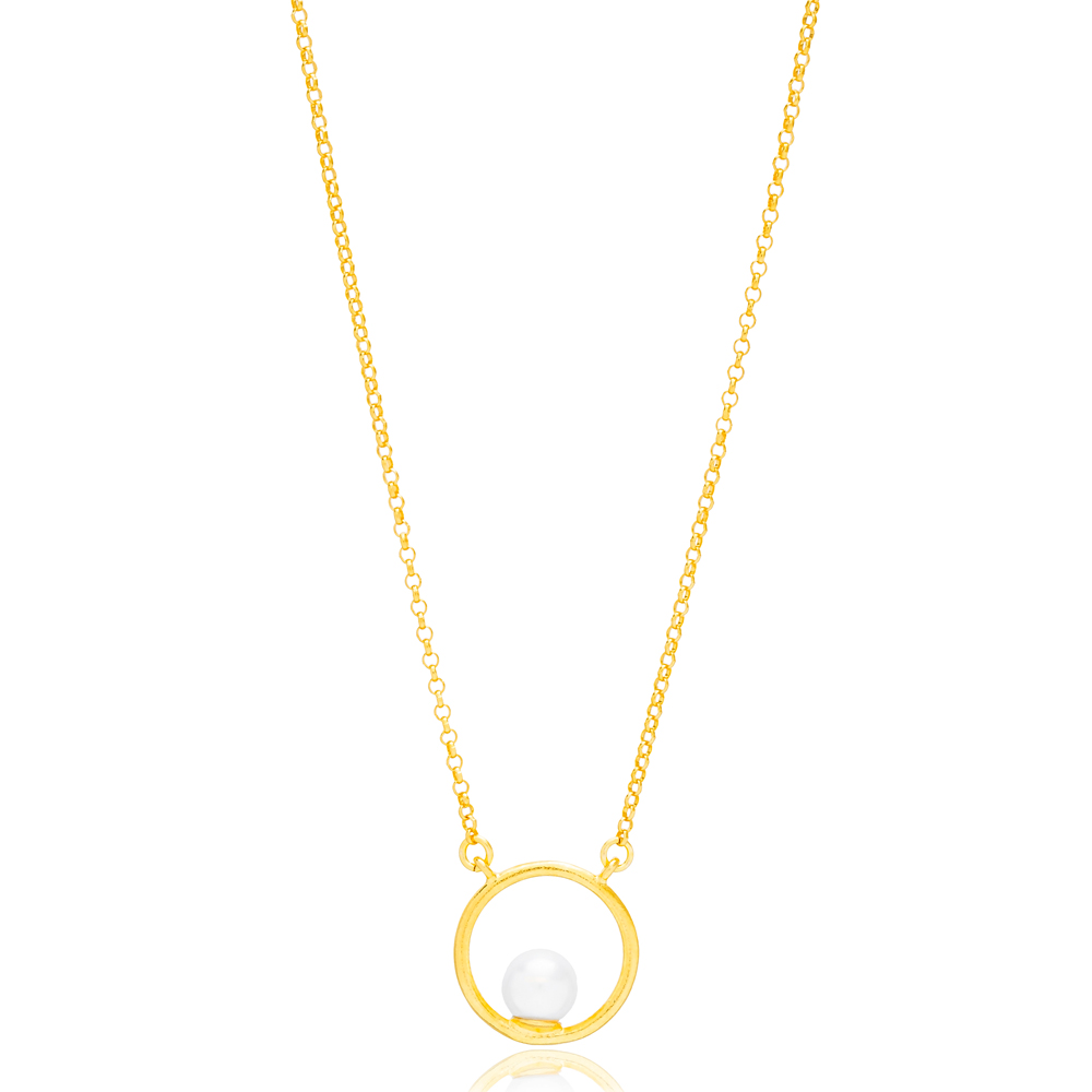 Pearl Round Hollow Design Charm Necklace Pendant 22K Gold Plated 925 Sterling Silver Jewelry