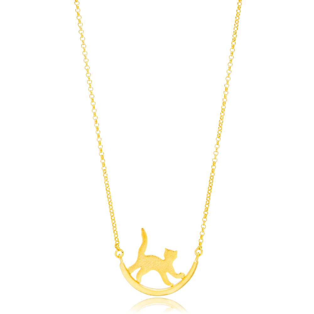 Cat Design Cute Charm Necklace Pendant 22K Gold Plated 925 Sterling Silver Jewelry