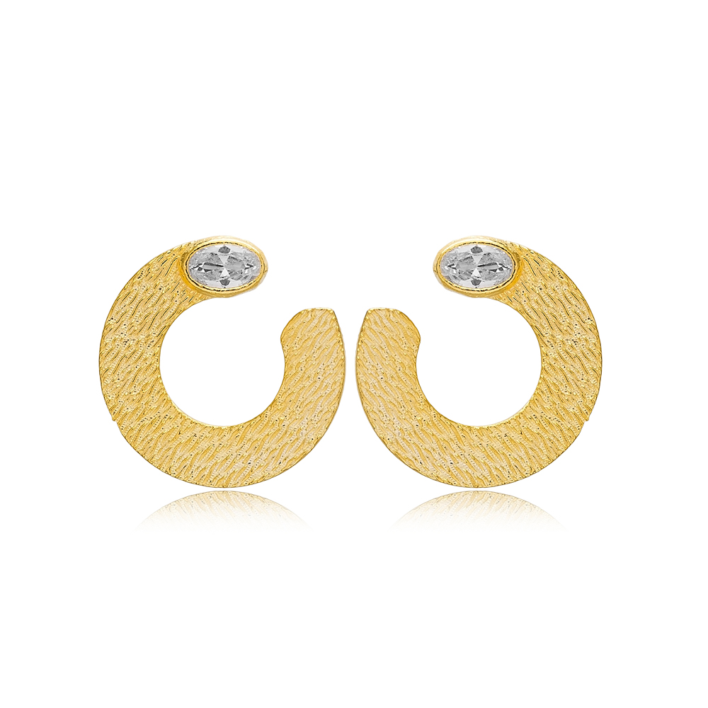 Trendy Half Circle Shape Clear Zircon Stone Stud Earrings 925 Sterling Silver Textured Jewelry