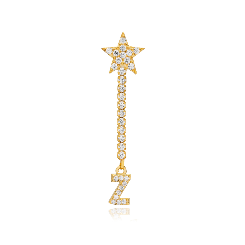 Dainty Single Stud Long Earring Star and Initial Z Letter Design 925 Sterling Silver Jewelry