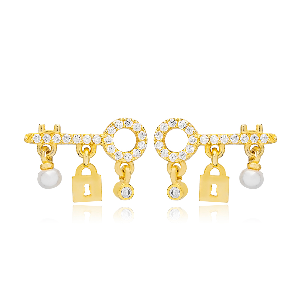 Key and Lock Design Stud Earrings Wholesale Turkish Sterling Silver Jewelry