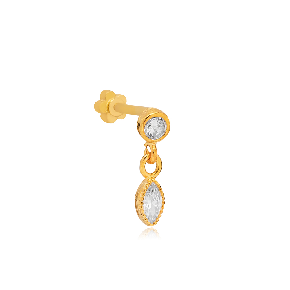 Marquise Clear Zircon Stone Single Piercing Wholesale Handmade Turkish 925 Sterling Silver Jewelry