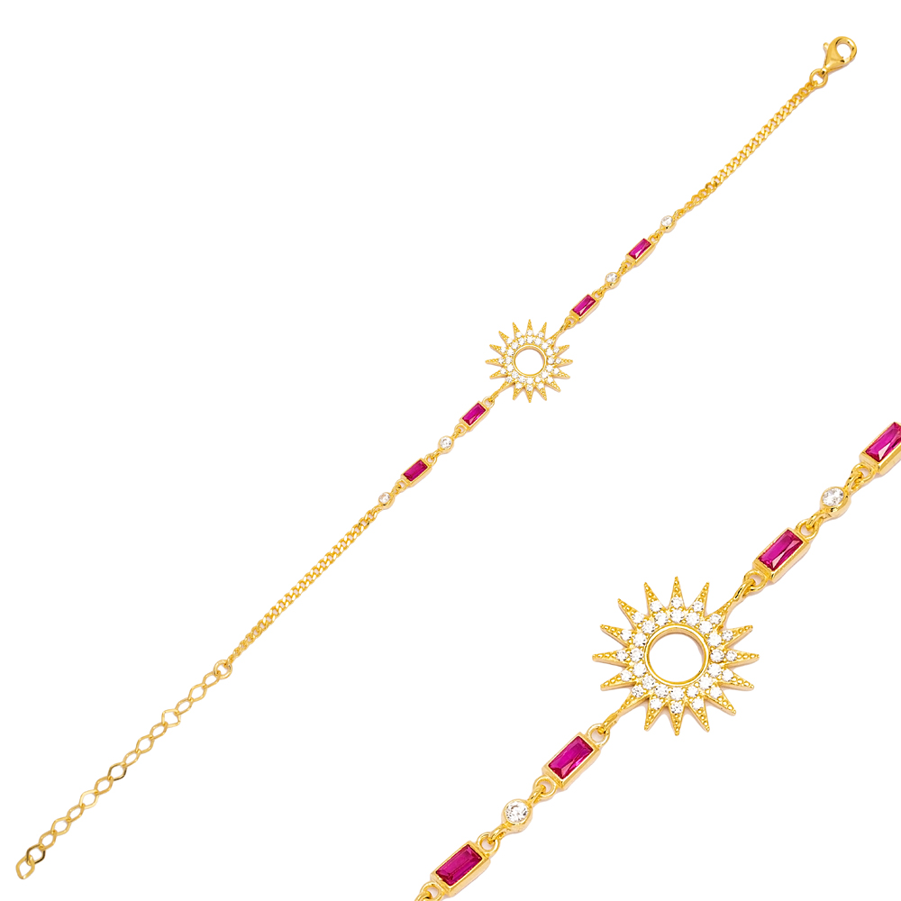 Sun Design Ruby Stone Chain Bracelet Women 925 Sterling Silver Jewelry
