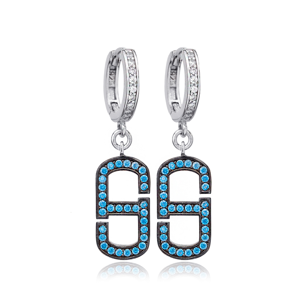 Turquoise Zircon Geometric Design Dangle Earrings Wholesale Turkish 925 Sterling Silver Jewelry