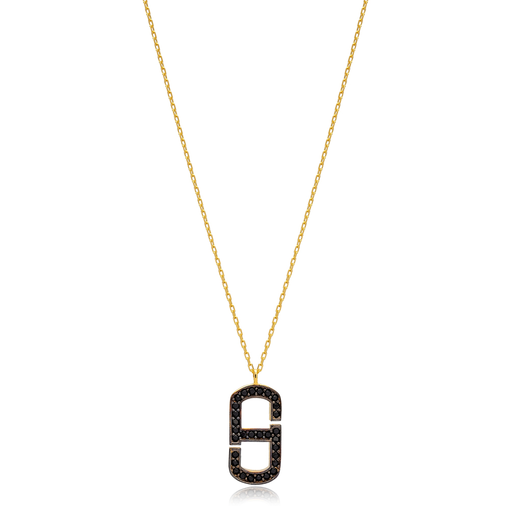 Black Zircon Geometric Design Charm Pendant Necklace Wholesale Turkish 925 Sterling Silver