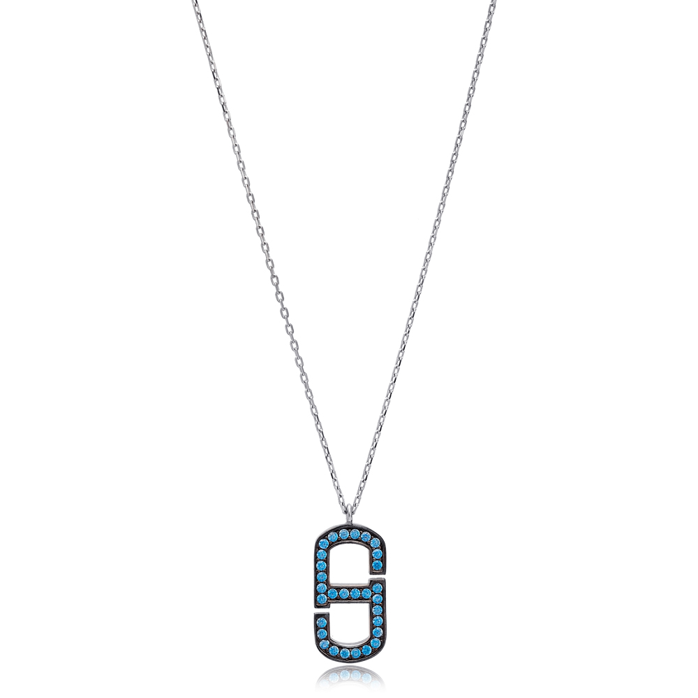 Turquoise Zircon Geometric Design Charm Pendant Necklace Wholesale Turkish 925 Sterling Silver