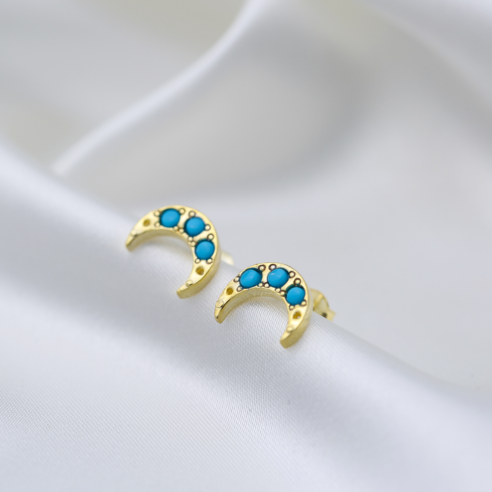 Turquoise Stone Moon Design Tiny Stud Earrings 925 Sterling Silver Jewelry