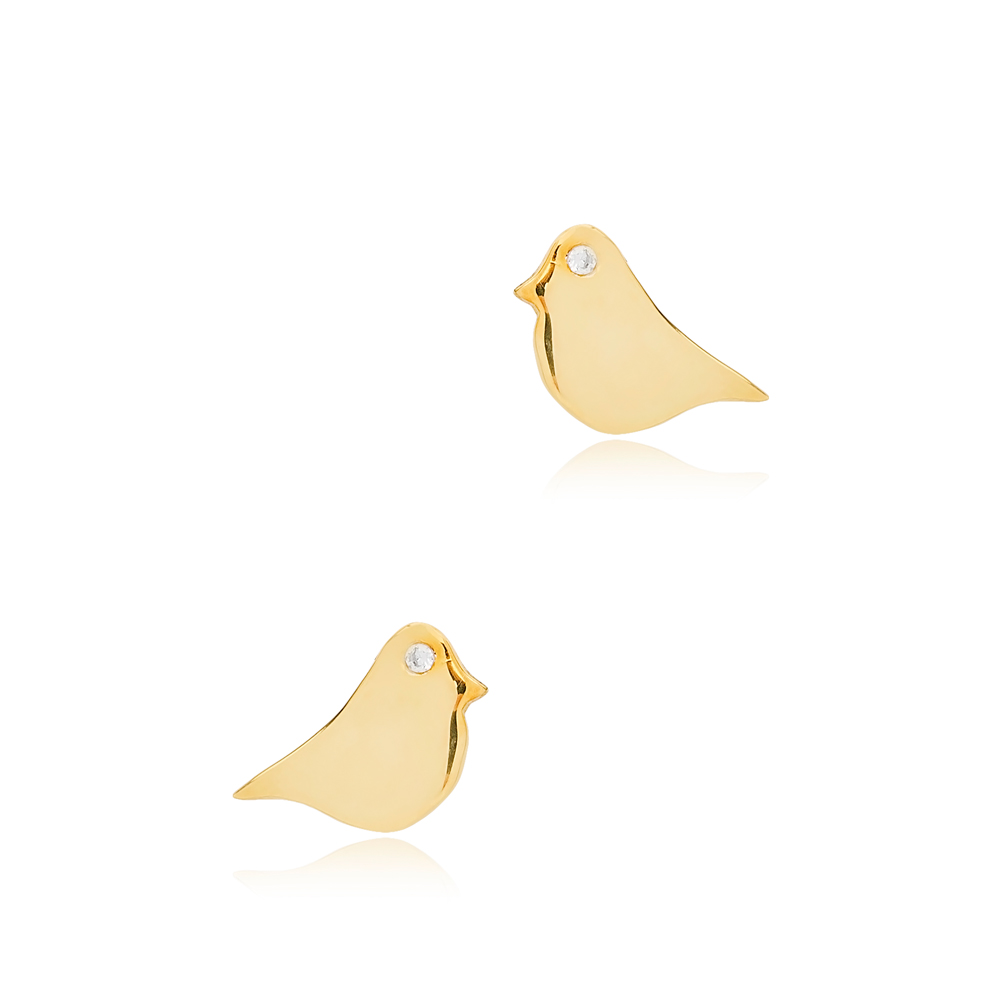 Plain Bird Design witn Tiny Zircon Stud Earrings Handcrafted 925 Sterling Silver Jewelry