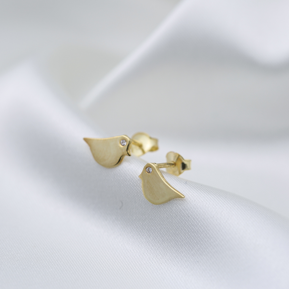 Plain Bird Design witn Tiny Zircon Stud Earrings Handcrafted 925 Sterling Silver Jewelry
