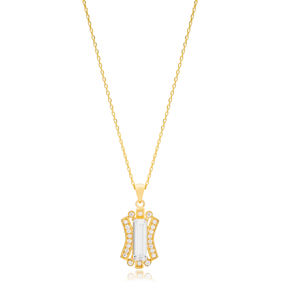 Baguette Shiny Zircon Stone Geometric Design Charm Necklace Pendant 925 Sterling Silver Jewelry