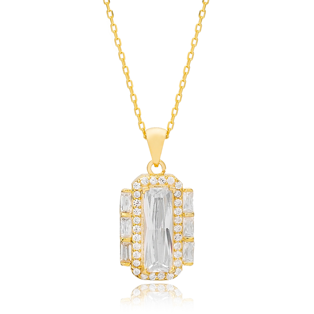Dainty Baguette CZ Stone Cluster Charm Pendant Necklace Turkish 925 Sterling Silver Jewelry