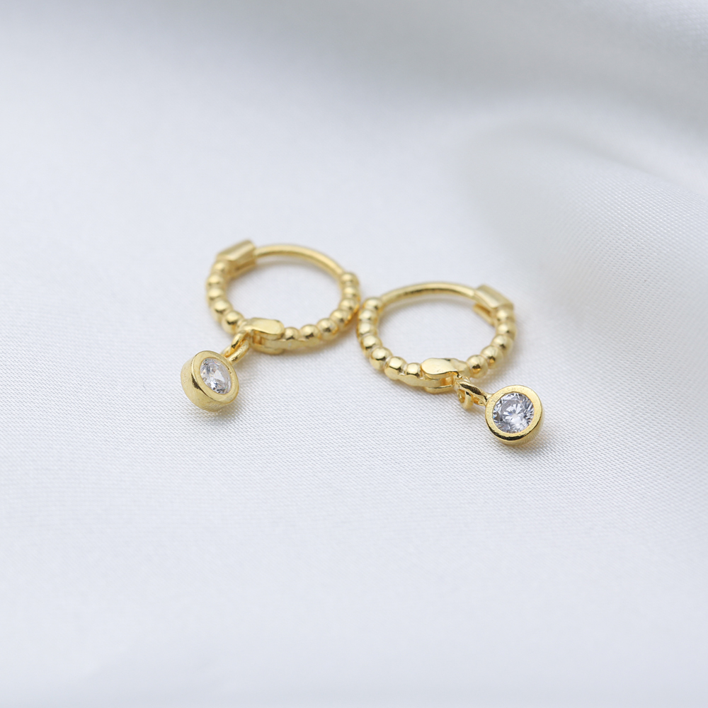 Minimalist Ball Hoop Round Zircon Dangle Earrings 925 Sterling Silver Jewelry