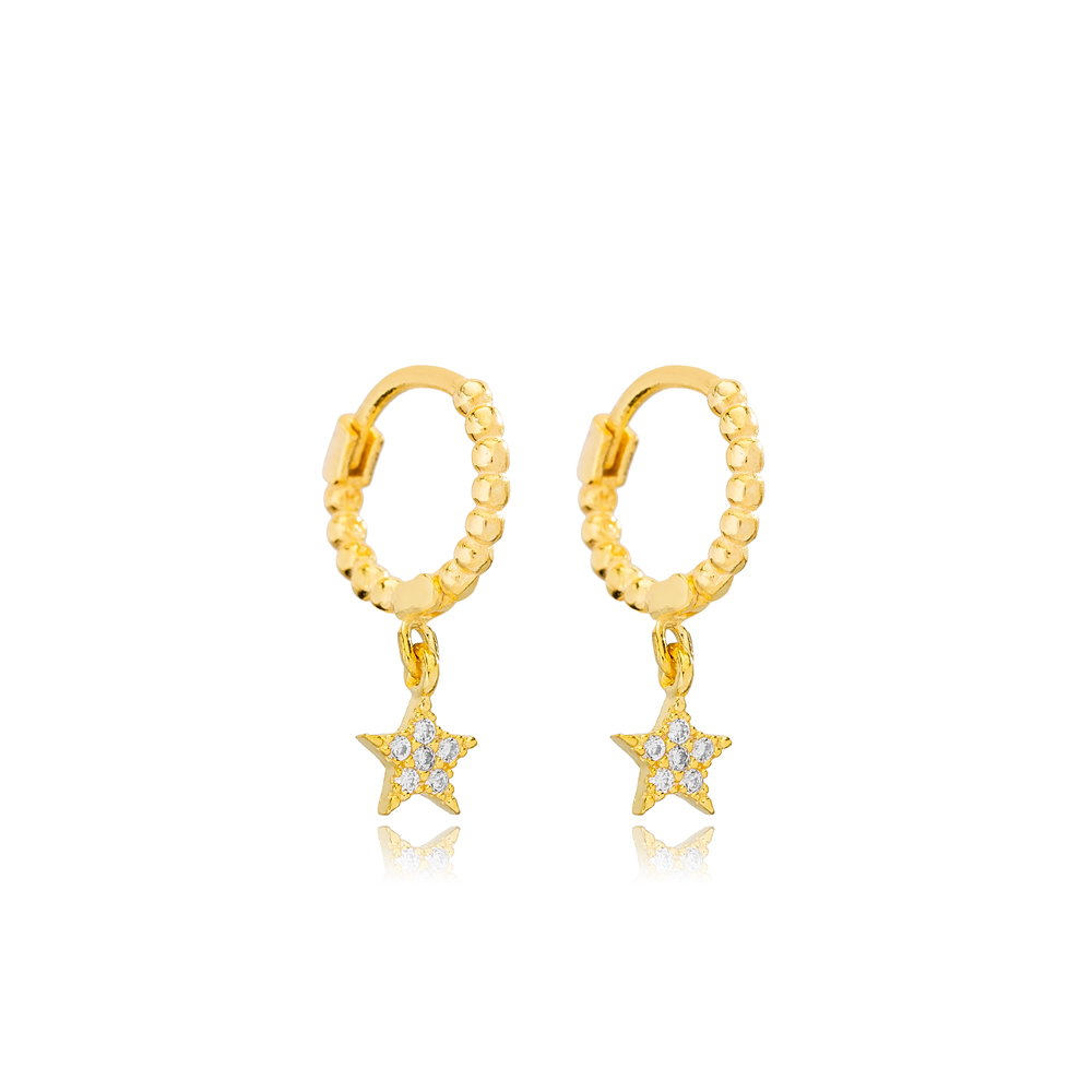 Star Design Dangle Earrings Minimalist Ball Hoop Women 925 Sterling Silver Jewelry