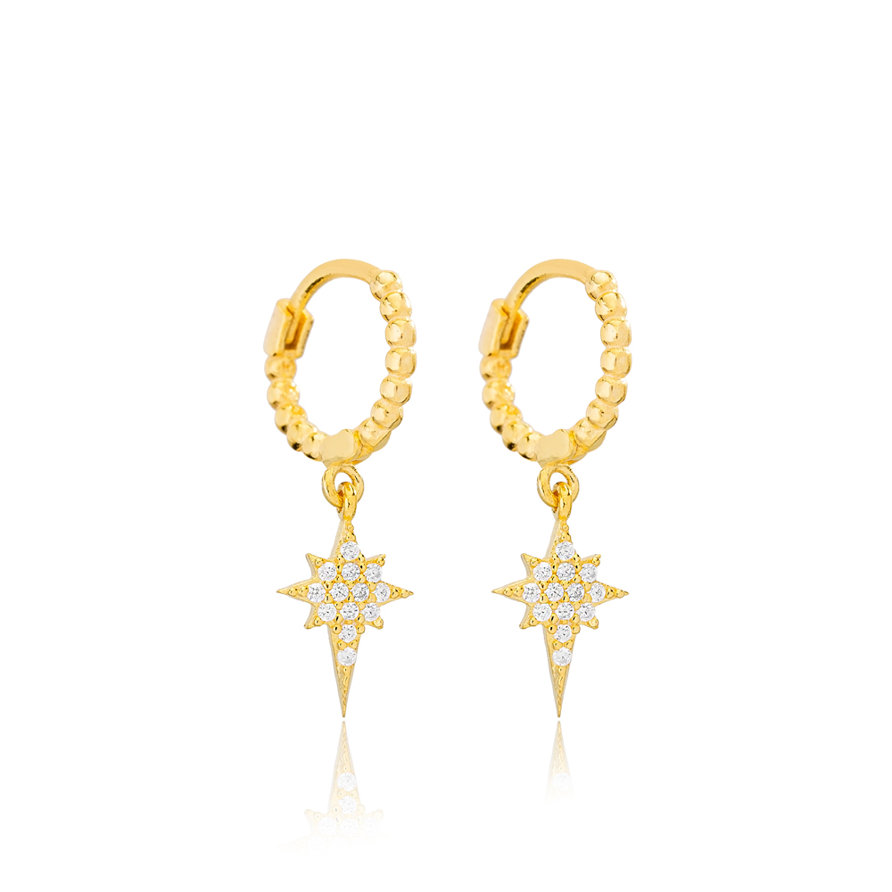North Star Shape Dangle Earrings Trendy Ball Hoop Women 925 Sterling Silver Jewelry