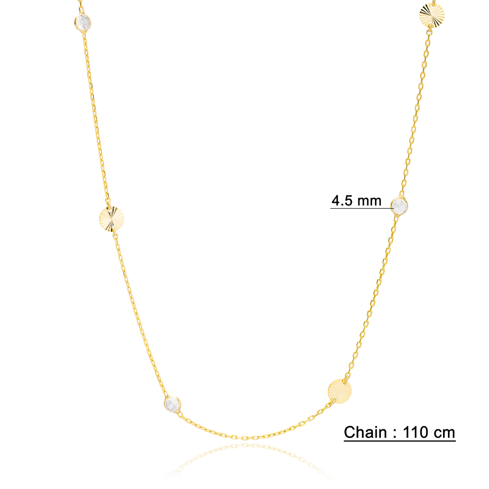 Minimalist Coin Design Shiny Zircon Stone Women Long Chain Necklaces 925 Sterling Silver Jewelry