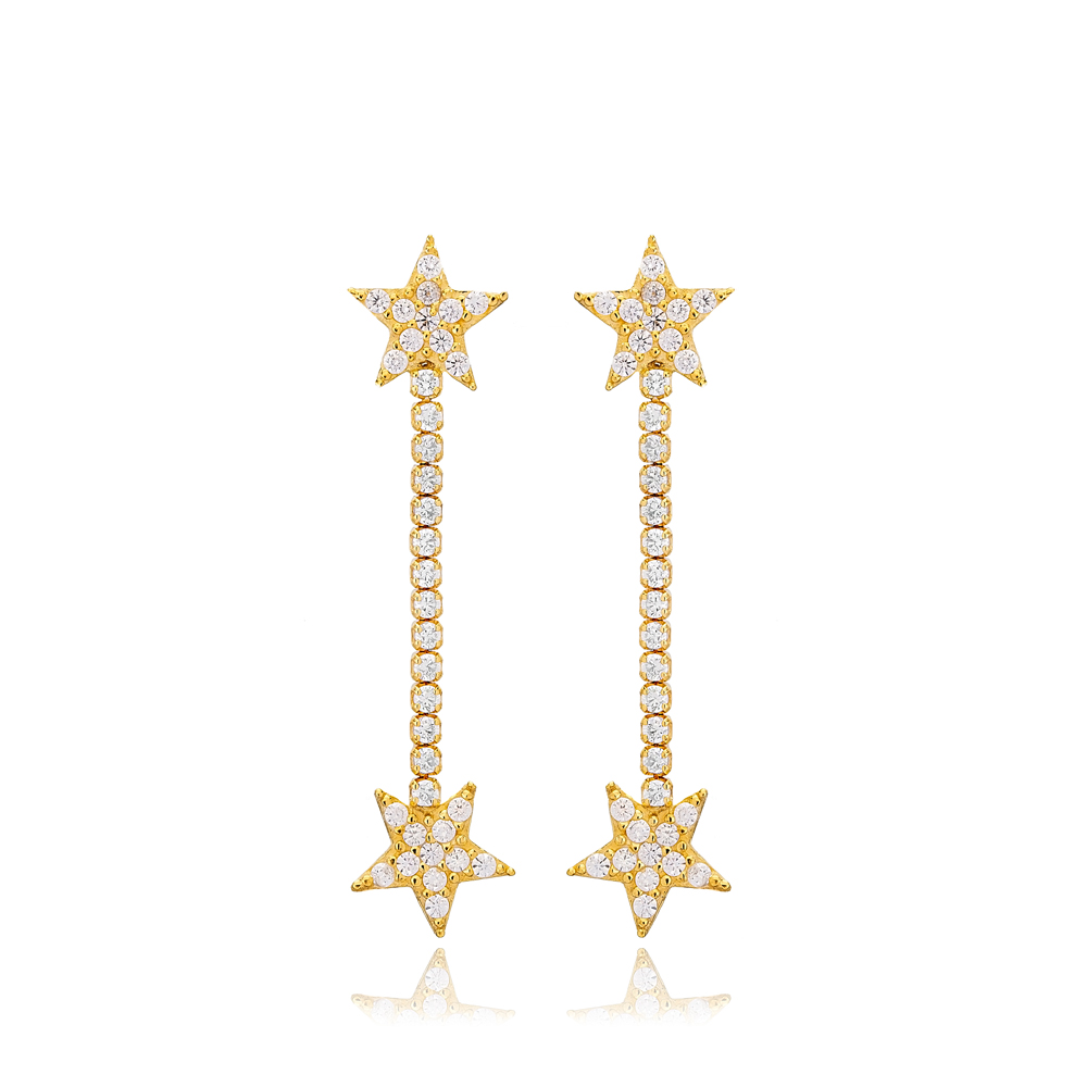 Star Design with Tennis Chain Long Stud Earrings 925 Sterling Silver Jewelry