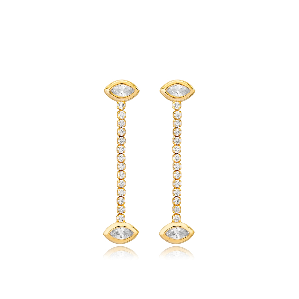 Evil Eye Design with Tennis Chain Long Stud Earrings 925 Sterling Silver Jewelry