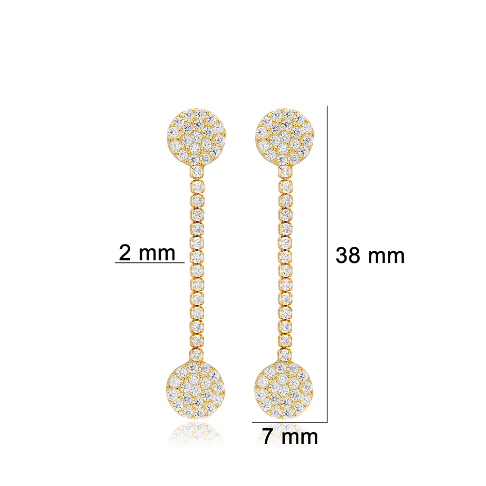 Round Design Zircon Stone with Tennis Chain Long Stud Earrings 925 Sterling Silver Jewelry