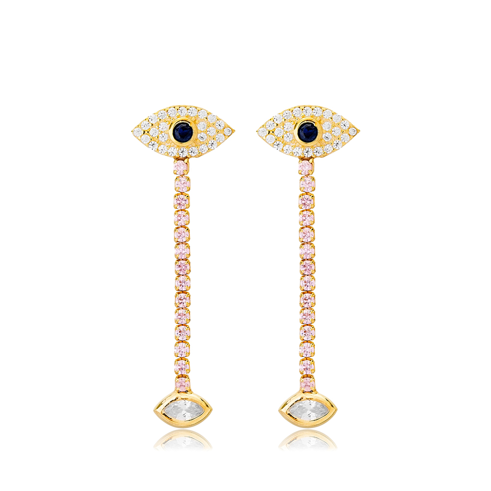 Turkish Evil Eye Design with Tennis Chain Long Stud Earrings 925 Sterling Silver Jewelry