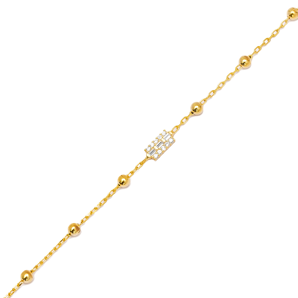 Minimalist Baguette Zircon Stone Ball Chain Charm Bracelet 925 Sterling Silver Jewelry