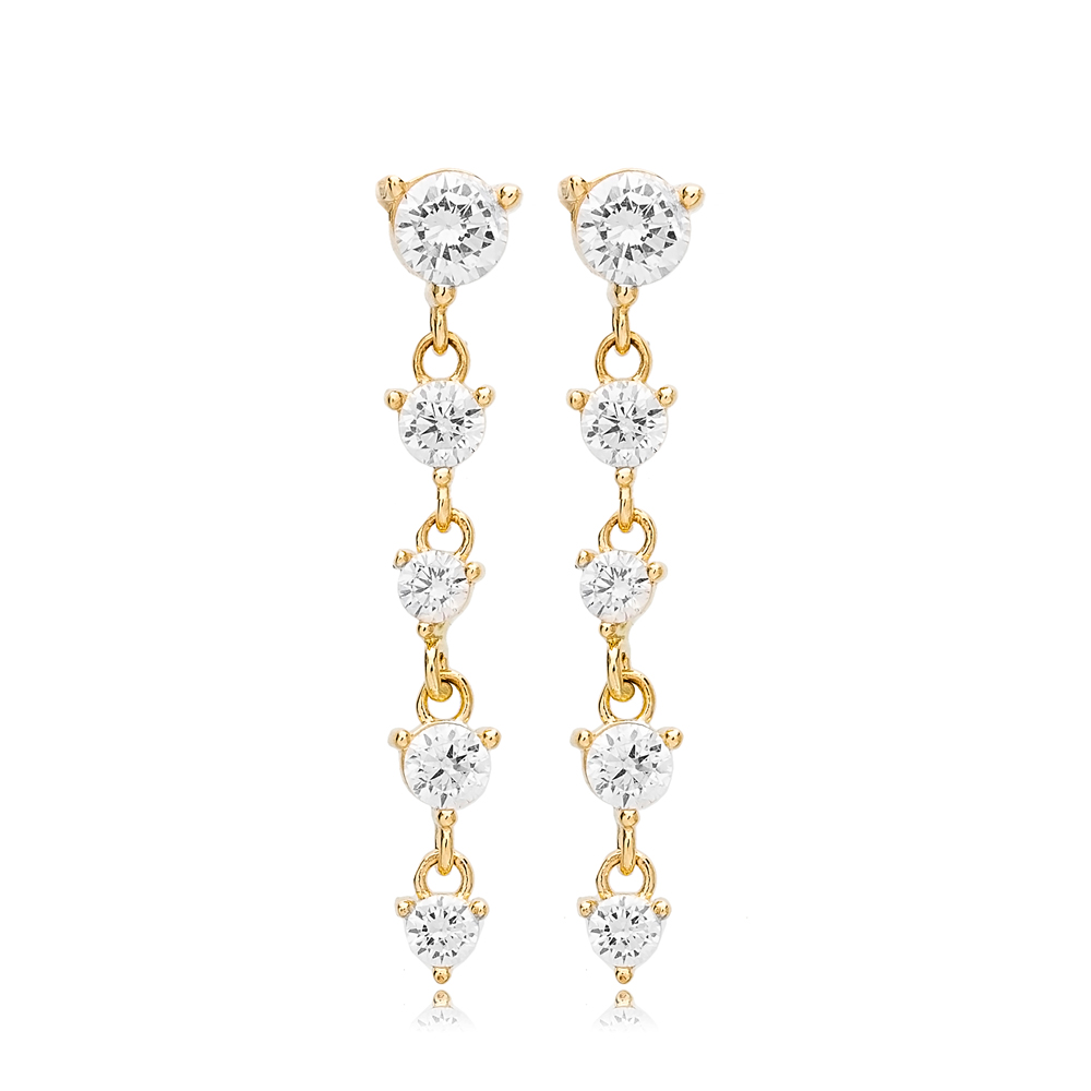 Dainty Five Clear Zircon Stone Design Stud Long Earrings