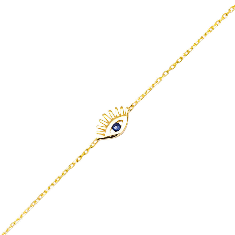 Turkish Eye Design Sapphire Stone Women Charm Bracelet 925 Silver Sterling Jewelry