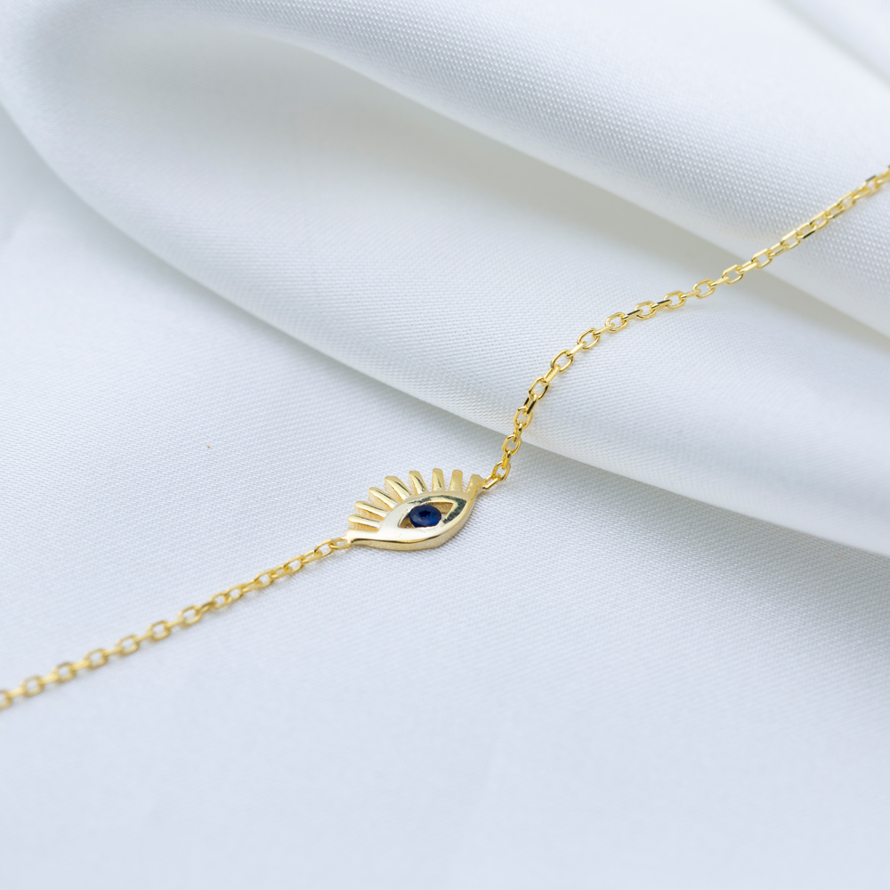 Turkish Eye Design Sapphire Stone Women Charm Bracelet 925 Silver Sterling Jewelry