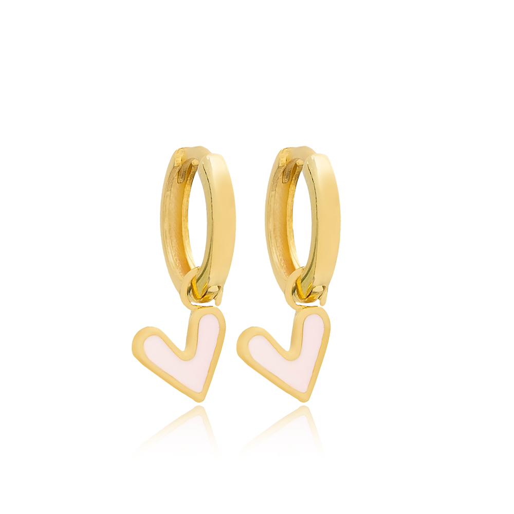 Cute Heart Design Double Sided Pink Enamel and Clear Zircon Stone Dangle Earrings 925 Silver Sterling Jewelry