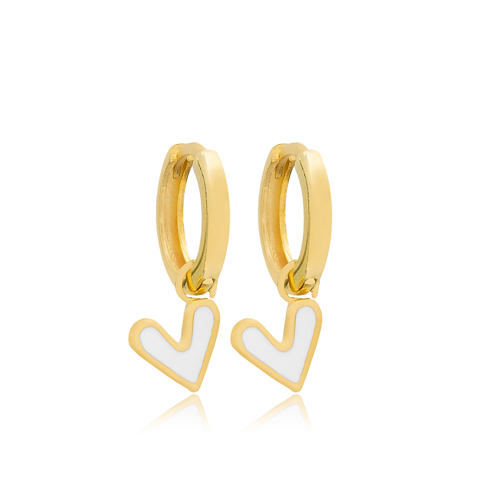 Heart Design Double Sided White Enamel and Clear Zircon Stone Dangle Earrings 925 Silver Sterling Jewelry
